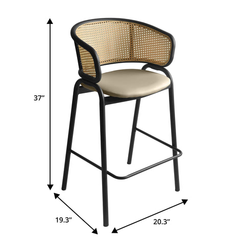 Ervilla Leather Bar Stool with Powder-Coated Stainless Steel Base and Curved Wicker Back Design