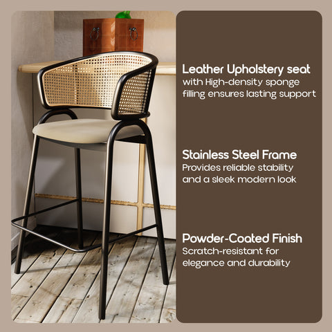 Ervilla Leather Bar Stool with Powder-Coated Stainless Steel Base and Curved Wicker Back Design