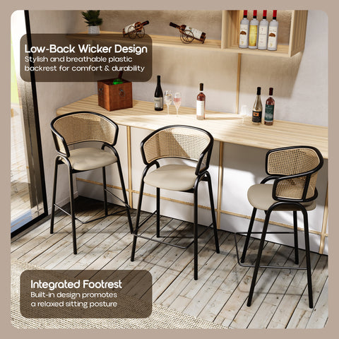 Ervilla Leather Bar Stool with Powder-Coated Stainless Steel Base and Curved Wicker Back Design