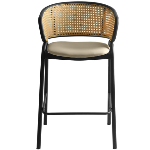 Ervilla Leather Bar Stool with Powder-Coated Stainless Steel Base and Curved Wicker Back Design