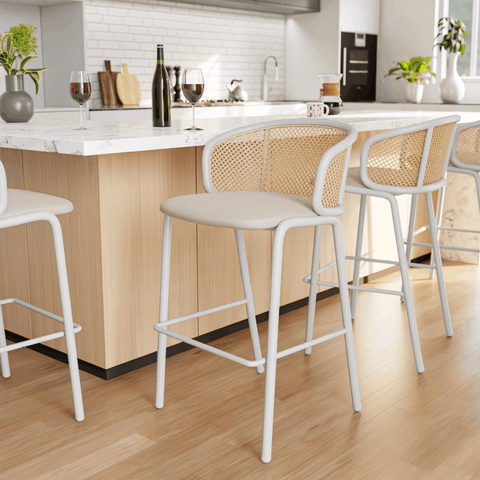 Ervilla Modern Wicker Bar Stool with Fabric Seat and White Powder Coated Steel Frame