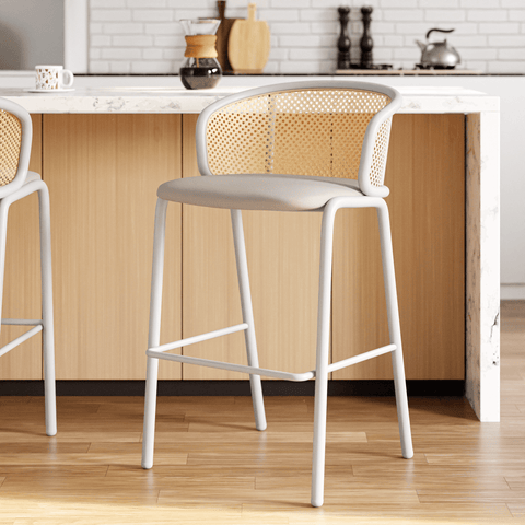 Ervilla Modern Wicker Bar Stool with Fabric Seat and White Powder Coated Steel Frame