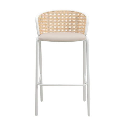 Ervilla Modern Wicker Bar Stool with Fabric Seat and White Powder Coated Steel Frame