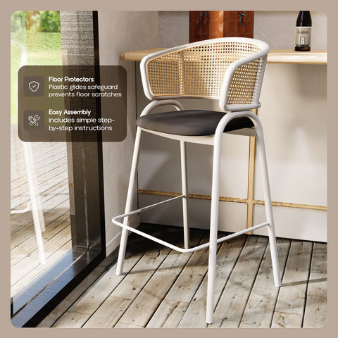 Ervilla Leather Bar Stool with Powder-Coated Stainless Steel Base and Curved Wicker Back Design