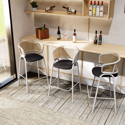 Ervilla Leather Bar Stool with Powder-Coated Stainless Steel Base and Curved Wicker Back Design