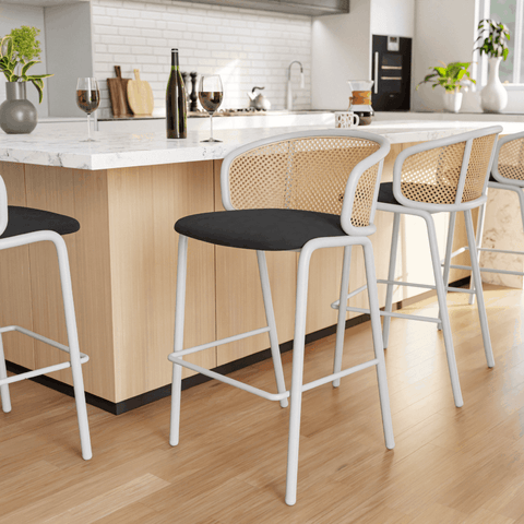 Ervilla Modern Wicker Bar Stool with Fabric Seat and White Powder Coated Steel Frame