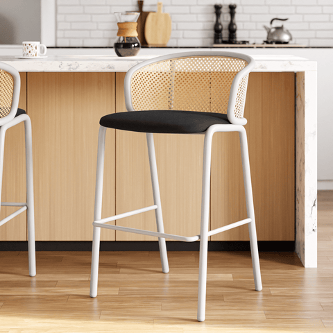 Ervilla Modern Wicker Bar Stool with Fabric Seat and White Powder Coated Steel Frame