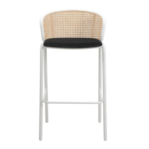 Ervilla Modern Wicker Bar Stool with Fabric Seat and White Powder Coated Steel Frame