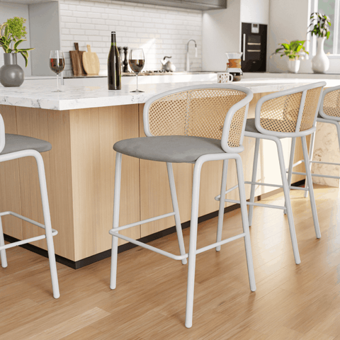 Ervilla Modern Wicker Bar Stool with Fabric Seat and White Powder Coated Steel Frame