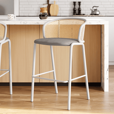 Ervilla Modern Wicker Bar Stool with Fabric Seat and White Powder Coated Steel Frame