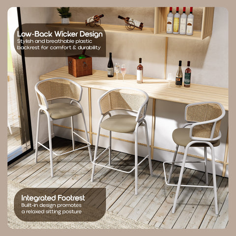 Ervilla Leather Bar Stool with Powder-Coated Stainless Steel Base and Curved Wicker Back Design