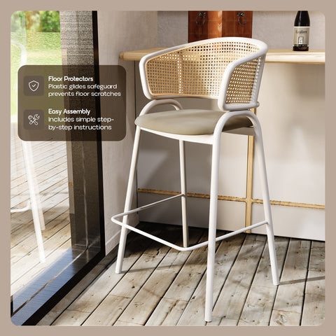 Ervilla Leather Bar Stool with Powder-Coated Stainless Steel Base and Curved Wicker Back Design