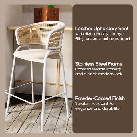 Ervilla Leather Bar Stool with Powder-Coated Stainless Steel Base and Curved Wicker Back Design