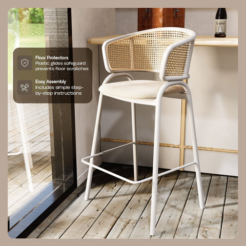 Ervilla Leather Bar Stool with Powder-Coated Stainless Steel Base and Curved Wicker Back Design