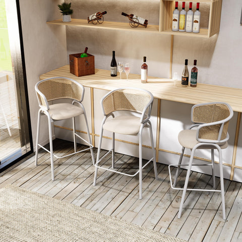 Ervilla Leather Bar Stool with Powder-Coated Stainless Steel Base and Curved Wicker Back Design