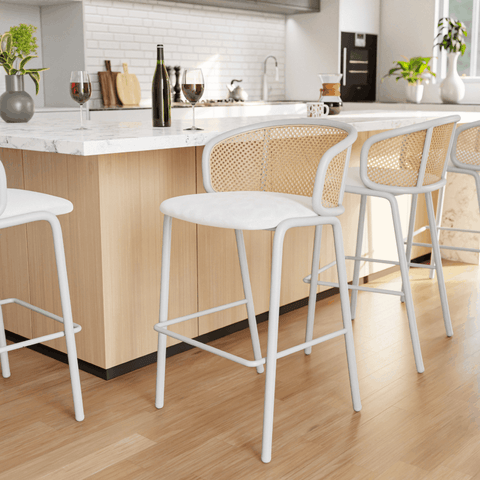 Ervilla Modern Wicker Bar Stool with Fabric Seat and White Powder Coated Steel Frame