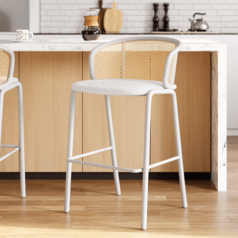 Ervilla Modern Wicker Bar Stool with Fabric Seat and White Powder Coated Steel Frame