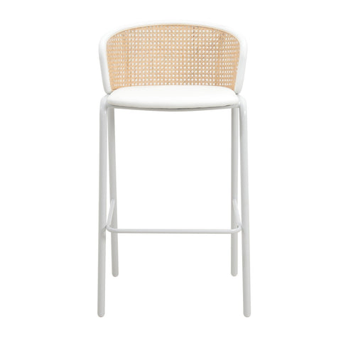 Ervilla Modern Wicker Bar Stool with Fabric Seat and White Powder Coated Steel Frame