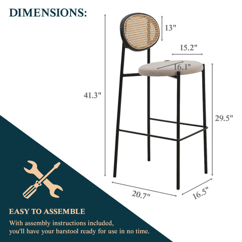 Euston Wicker Bar Stool with Black Powder Coated Steel Frame and Footrest