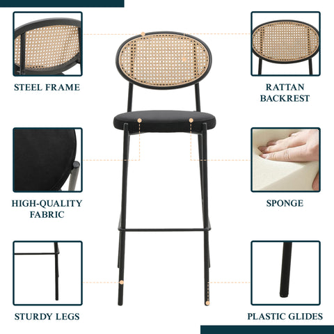 Euston Wicker Bar Stool with Black Powder Coated Steel Frame and Footrest