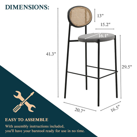 Euston Wicker Bar Stool with Black Powder Coated Steel Frame and Footrest