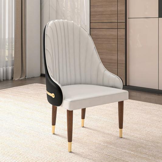 Elara Leather Dining Chair with Elegant Ripple Back and Gold Accents in Rubberwood