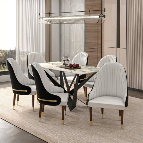 Elara Leather Dining Chair with Elegant Ripple Back and Gold Accents in Rubberwood