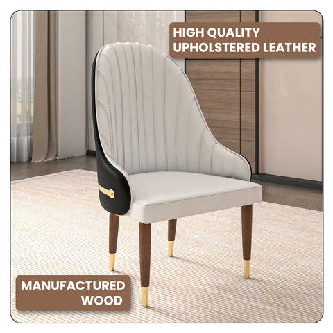 Elara Leather Dining Chair with Elegant Ripple Back and Gold Accents in Rubberwood