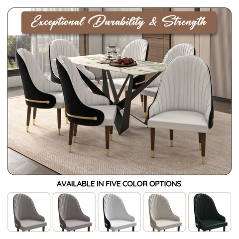 Elara Leather Dining Chair with Elegant Ripple Back and Gold Accents in Rubberwood