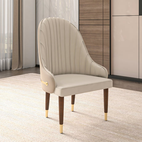 Elara Leather Dining Chair with Elegant Ripple Back and Gold Accents in Rubberwood