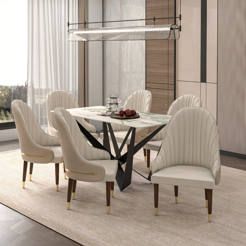 Elara Leather Dining Chair with Elegant Ripple Back and Gold Accents in Rubberwood