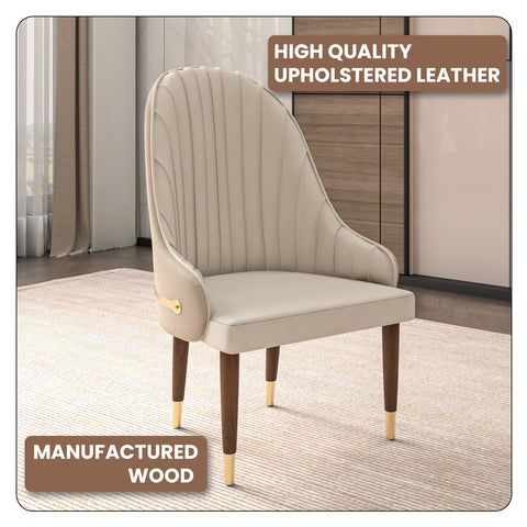 Elara Leather Dining Chair with Elegant Ripple Back and Gold Accents in Rubberwood