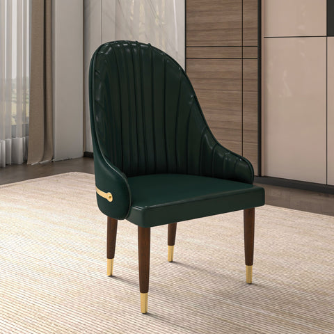 Elara Leather Dining Chair with Elegant Ripple Back and Gold Accents in Rubberwood