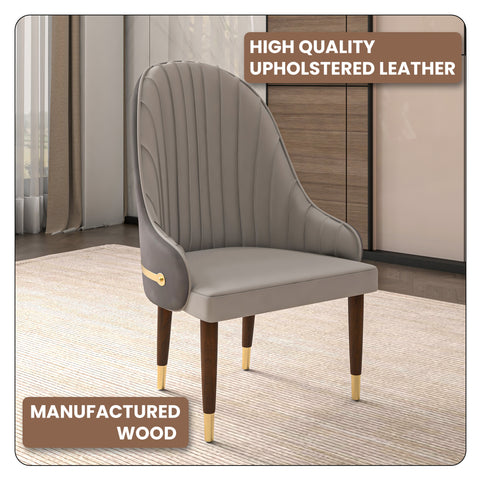 Elara Leather Dining Chair with Elegant Ripple Back and Gold Accents in Rubberwood