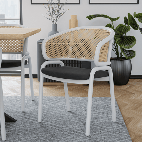 Ervilla Dining Armchair with White/Black Steel Legs and Black/Brown Wicker Back