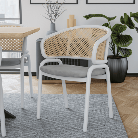 Ervilla Dining Armchair with White/Black Steel Legs and Black/Brown Wicker Back