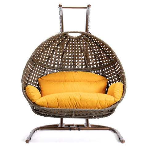 Wicker Hanging Double Egg Beige Swing Chair with an Iron Base