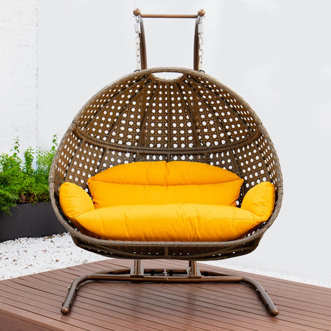 Wicker Hanging Double Egg Beige Swing Chair with an Iron Base