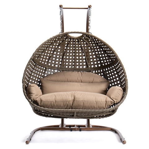 Wicker Hanging Double Egg Beige Swing Chair with an Iron Base