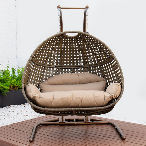 Wicker Hanging Double Egg Beige Swing Chair with an Iron Base