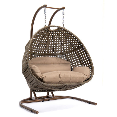 Wicker Hanging Double Egg Beige Swing Chair with an Iron Base