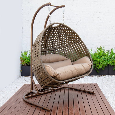 Wicker Hanging Double Egg Beige Swing Chair with an Iron Base