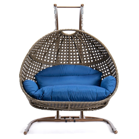 Wicker Hanging Double Egg Beige Swing Chair with an Iron Base