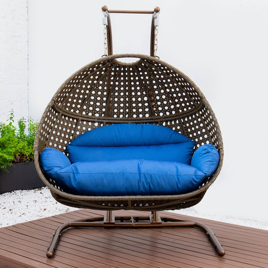 Wicker Hanging Double Egg Beige Swing Chair with an Iron Base