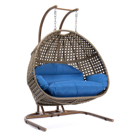 Wicker Hanging Double Egg Beige Swing Chair with an Iron Base