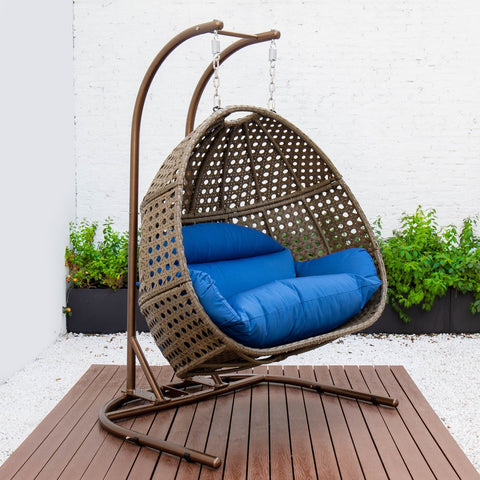 Wicker Hanging Double Egg Beige Swing Chair with an Iron Base