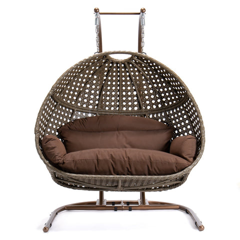 Wicker Hanging Double Egg Beige Swing Chair with an Iron Base