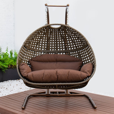 Wicker Hanging Double Egg Beige Swing Chair with an Iron Base