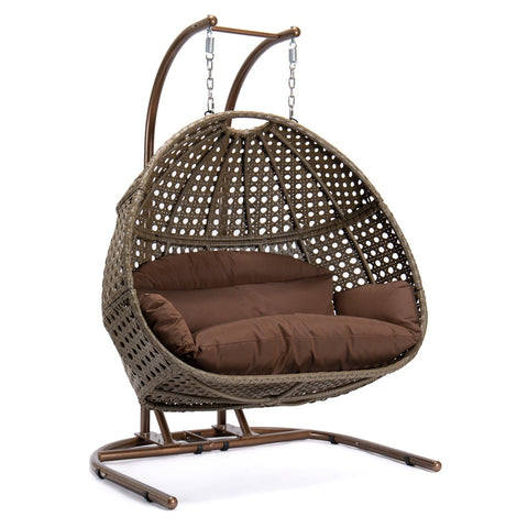 Wicker Hanging Double Egg Beige Swing Chair with an Iron Base