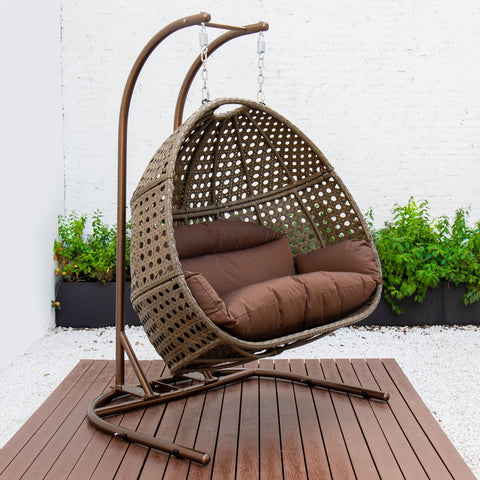 Wicker Hanging Double Egg Beige Swing Chair with an Iron Base